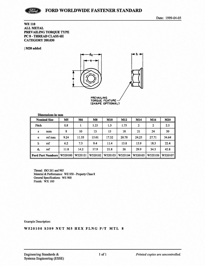 FORD WE110 W520100, W520101, W520102, W520103, W520104, W520105, W520106, W520107