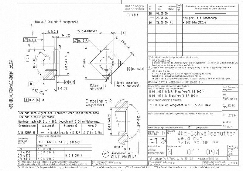 VW N011094 SQUARE WELD NUT 7/16-20 UNF