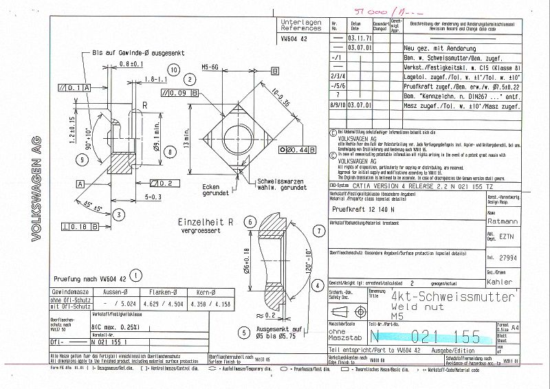 VW N021155 SQUARE WELD NUT M5