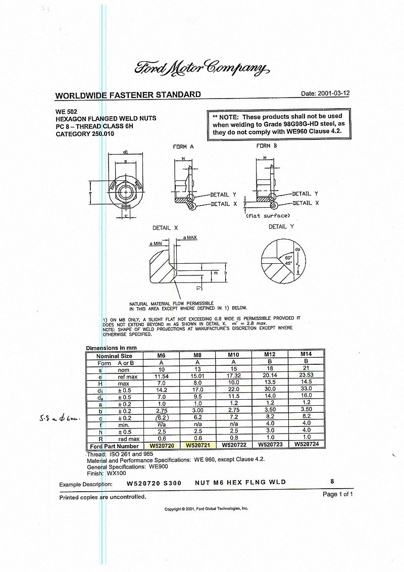 FORD WE502 W520720, W520721, W520722, W520723, W520724, HEX FLANGED WELD NUTS, Welding hexagon nuts, Hexagon weld nuts, Hexagon weld nuts with flange