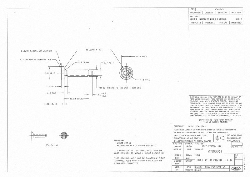 FORD W706601 PROJECTION WELD SCREWS M8-30