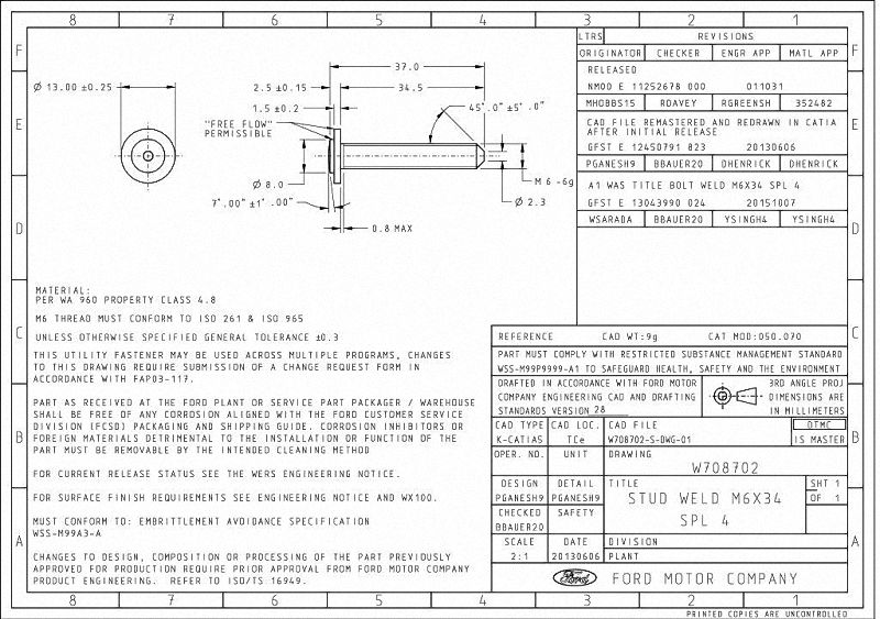 FORD W708702 PROJECTION WELD SCREWS M6-37