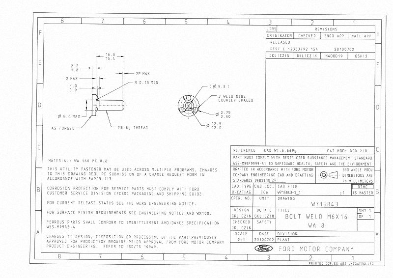 FORD W715843 PROJECTION WELD SCREWS M6-16