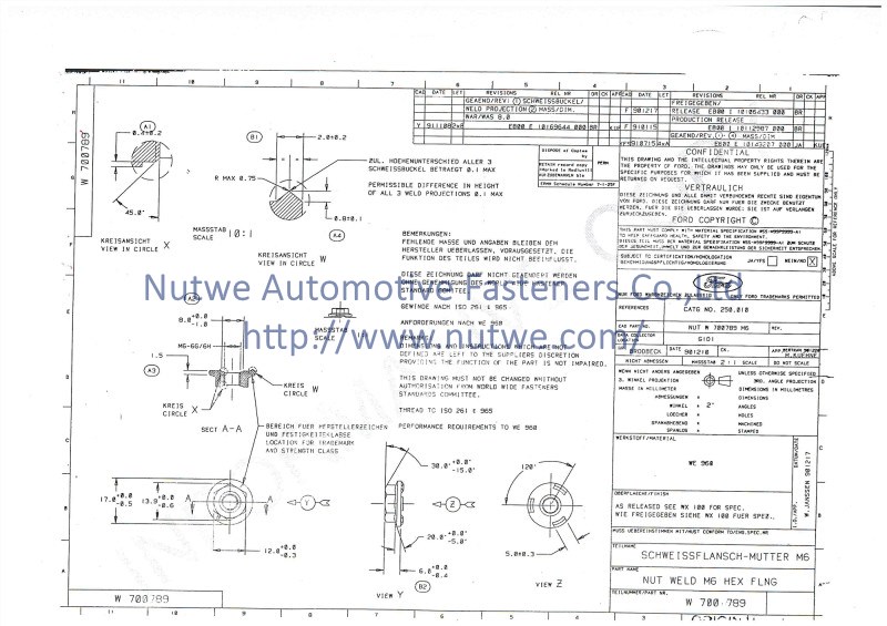 W700789 Hexagon Flange Weld Nuts Engineer Drawing and Technical Data Sheet